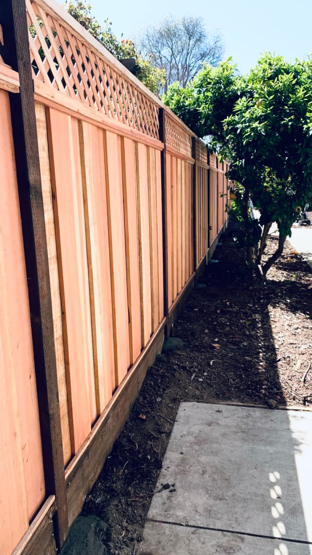 Wood fence with lattice installed beside a landscape pathway